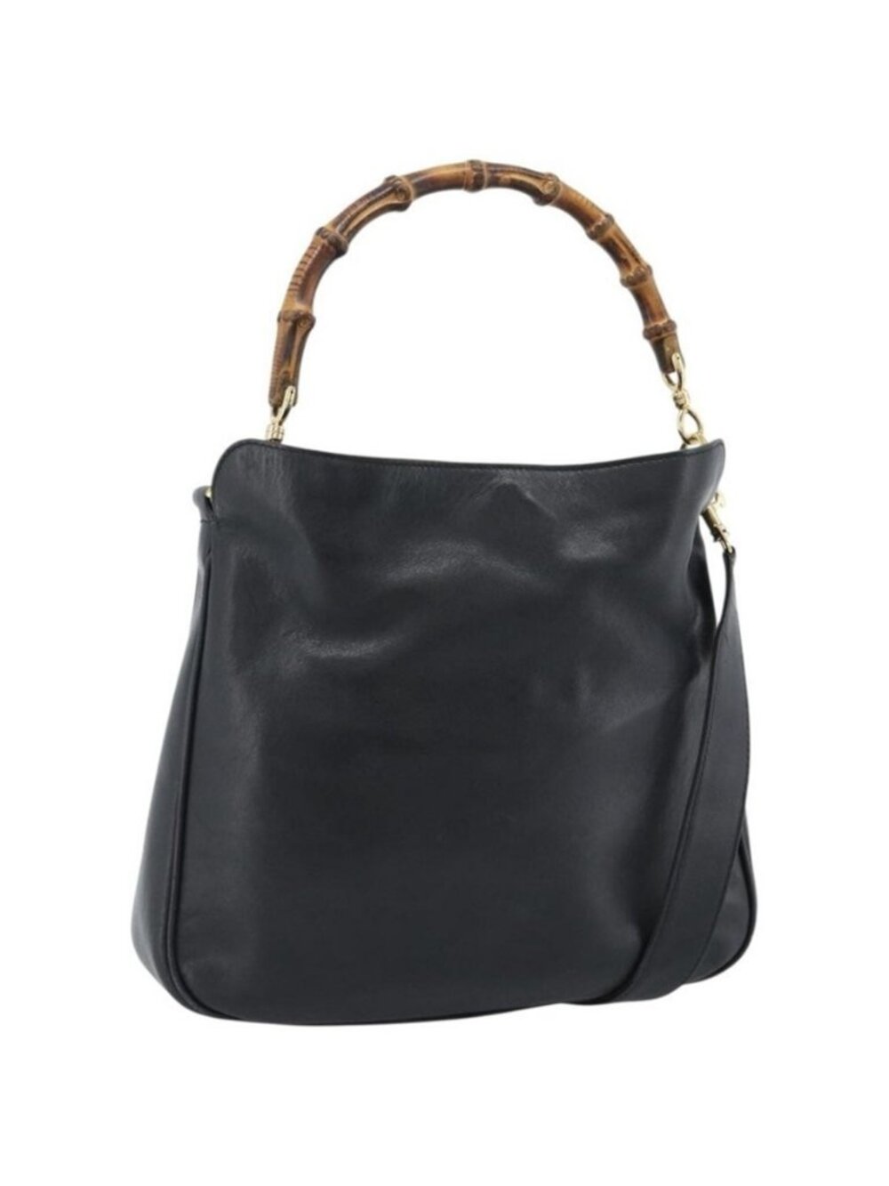 Authentic GUCCI Bamboo Shoulder Bag Leather 2way Black Gold 001 1998 1638